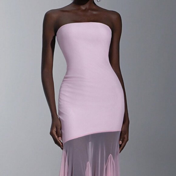 Pink Party Women's Elegant Bodycon Strapless maxi Mesh hem Dress - Picture 5 of 7